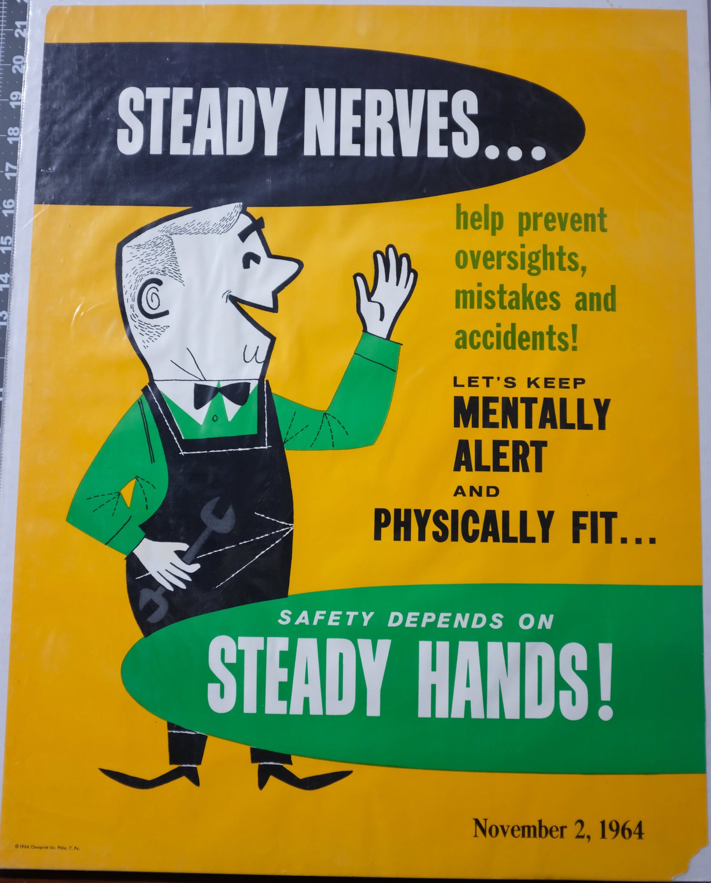Vintage safety poster with cartoon character and text about steady hands and alertness.