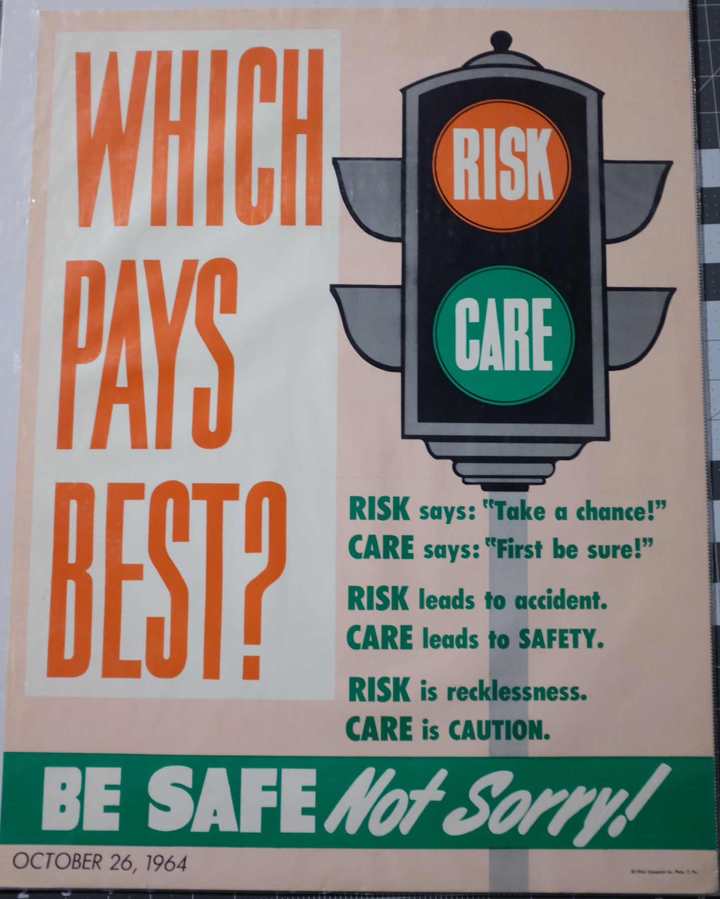 Safety poster with risk and care stoplight and text on a beige background