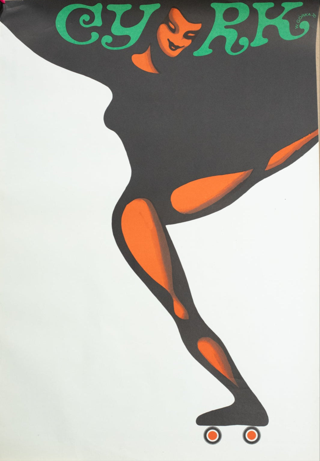 Silhouette of a person on roller skates with 'CYRK' text in green and orange.