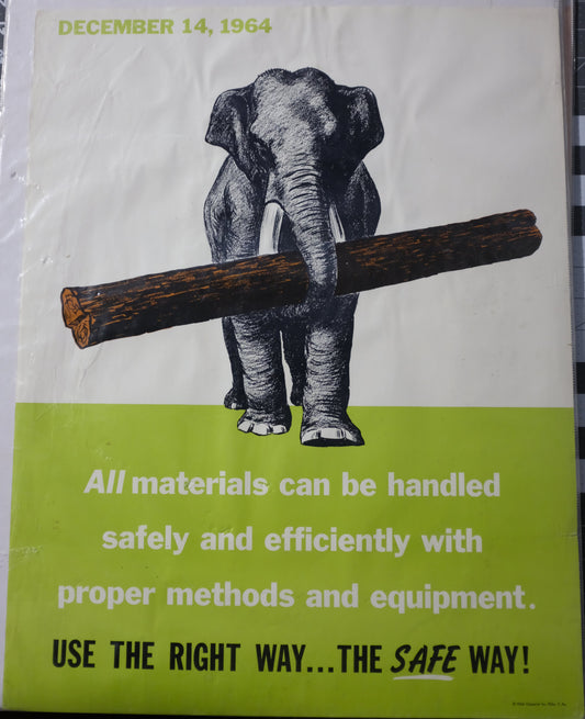 Safety poster with an elephant and tree trunk illustration on a green and white background