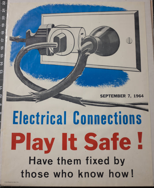 Safety poster with electrical plug illustration and text 